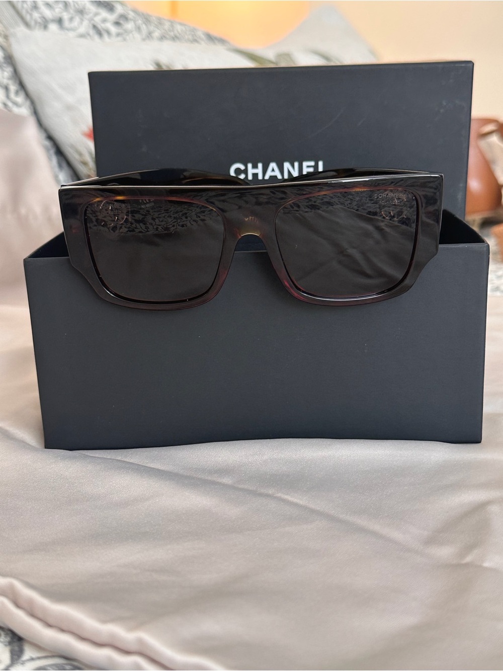 CHANEL Rectangular Sunglasses in Dark Tortoise with Black Lenses